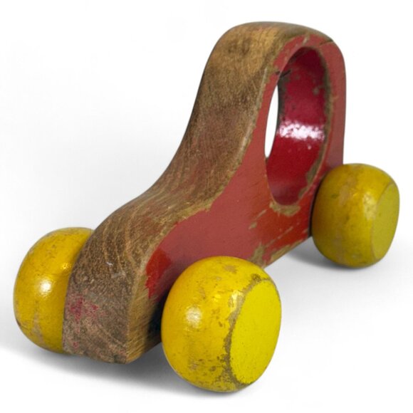 Vintage Handmade Wooden Push Car Red & Yellow Globe Wheels Toddler Toy - Picture 2 of 8